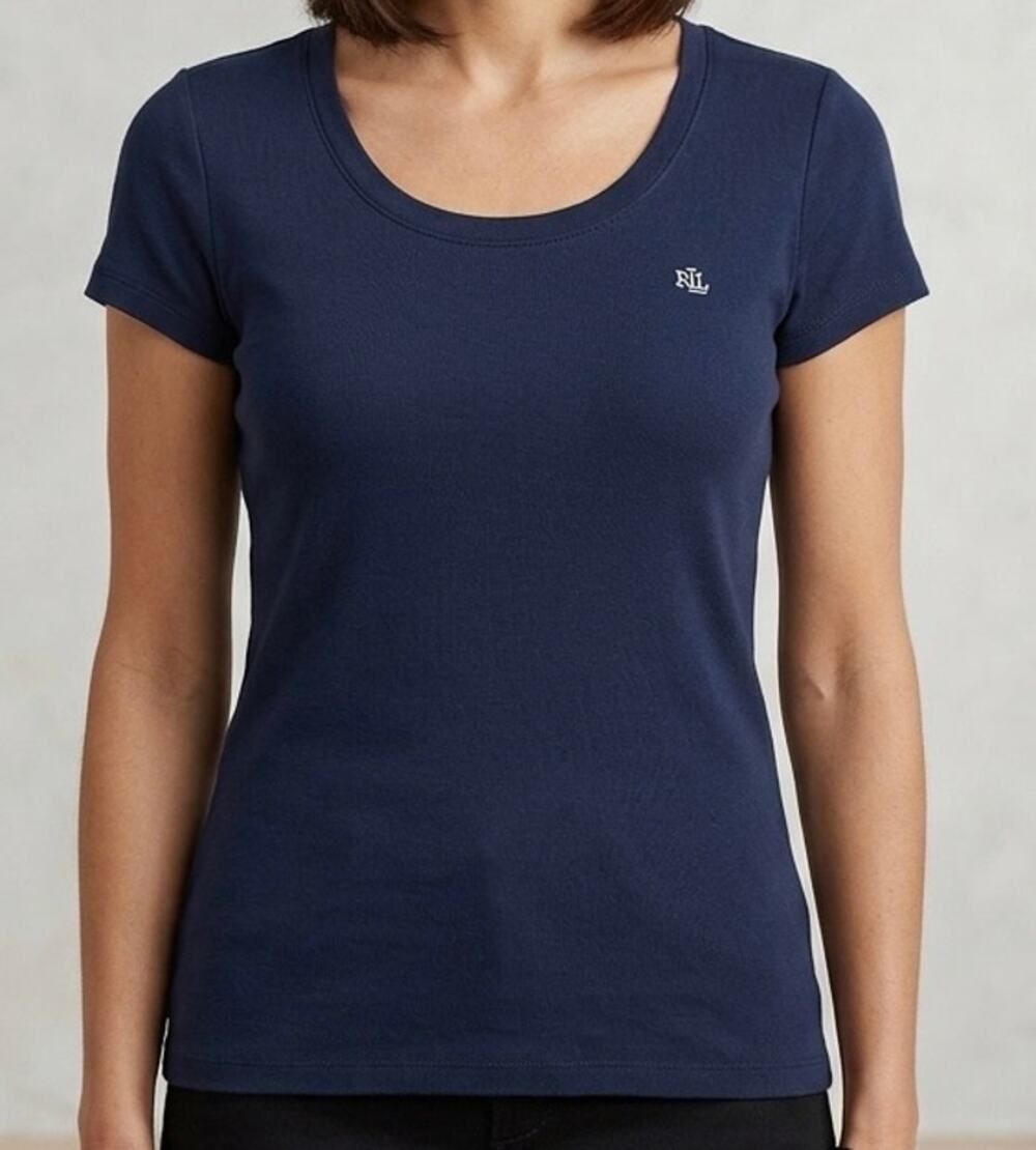 Lauren Ralph Lauren Navy Blue Scoop Neck T-Shirt Womens‎ Medium RLL Logo Top